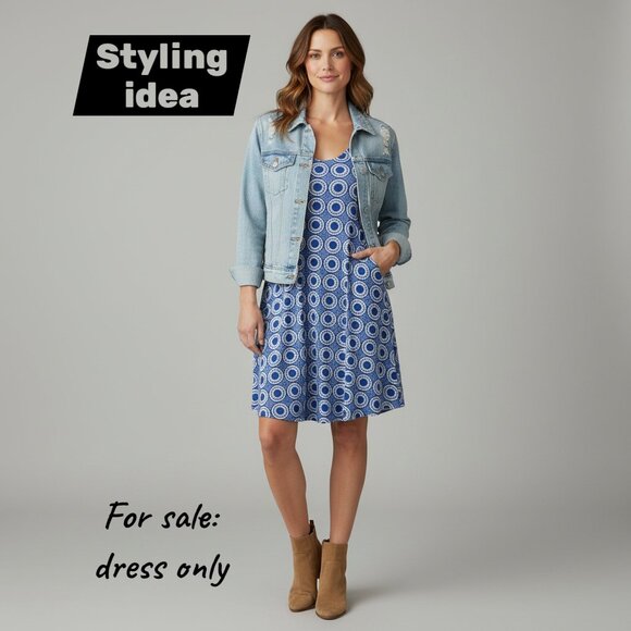 H and M Geometric Pattern Scoop Neck A Line Dress Blue White Gold Size 2 - Picture 2 of 12